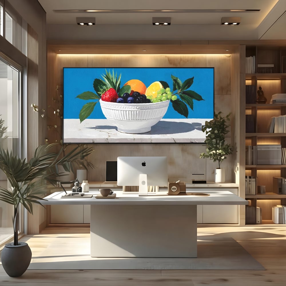 Tablou canvas cu pictura cu bol alb si fructe, in rama de aluminiu negru, pe perete intr-un birou